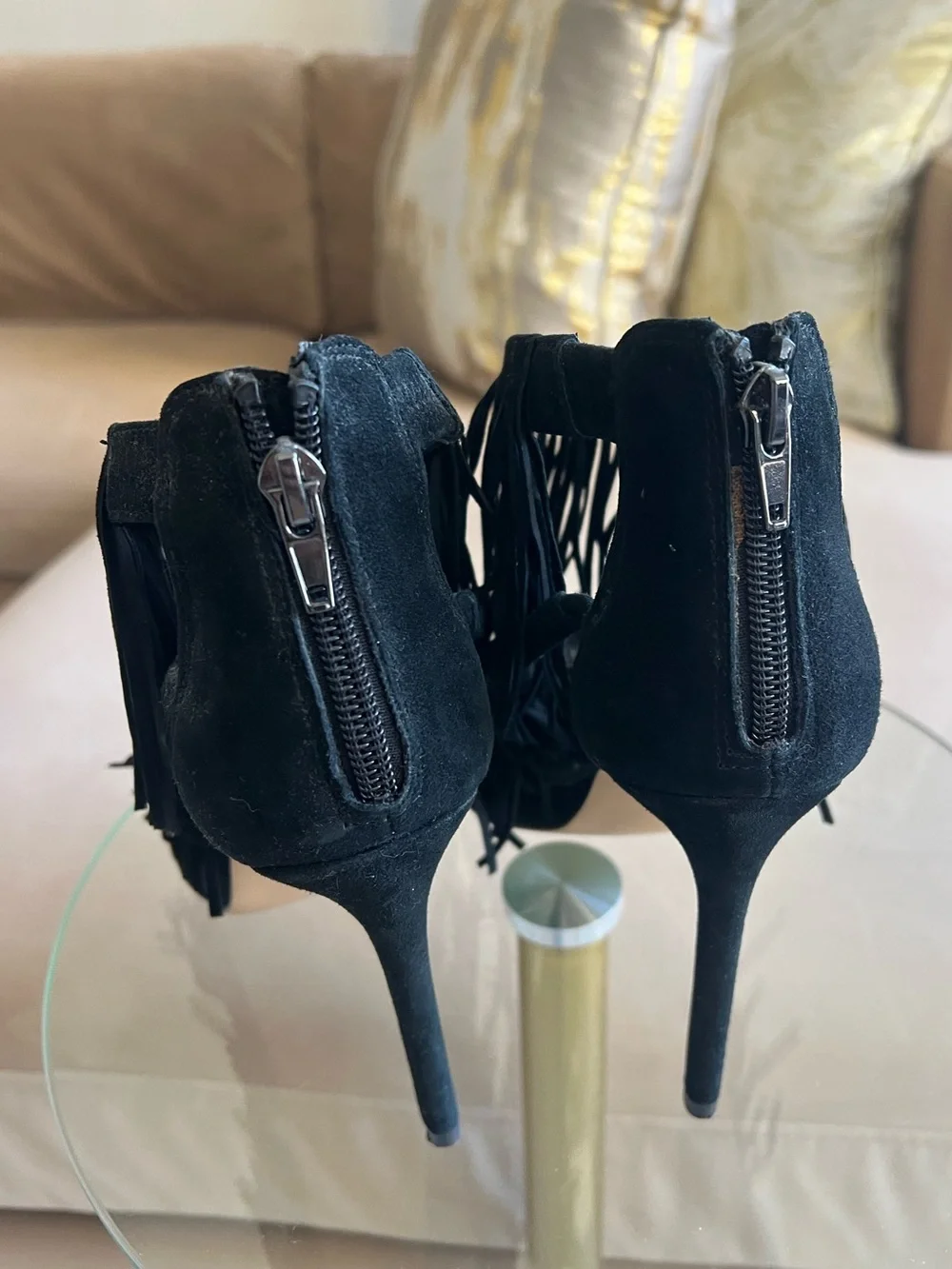 Steve Madden Fringly Fringe Heels Black Suede Stilettos Size 7.5